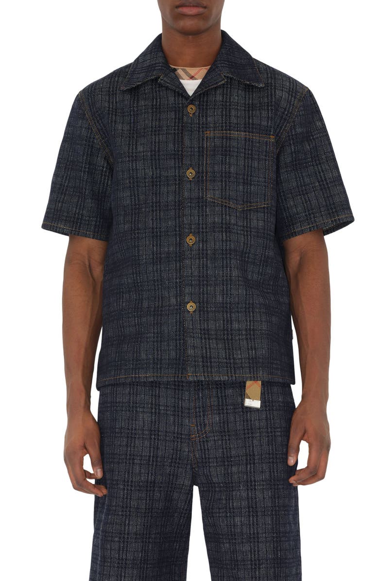 Burberry Check Jacquard Denim Camp Shirt, Main, color, Indigo Ip Check