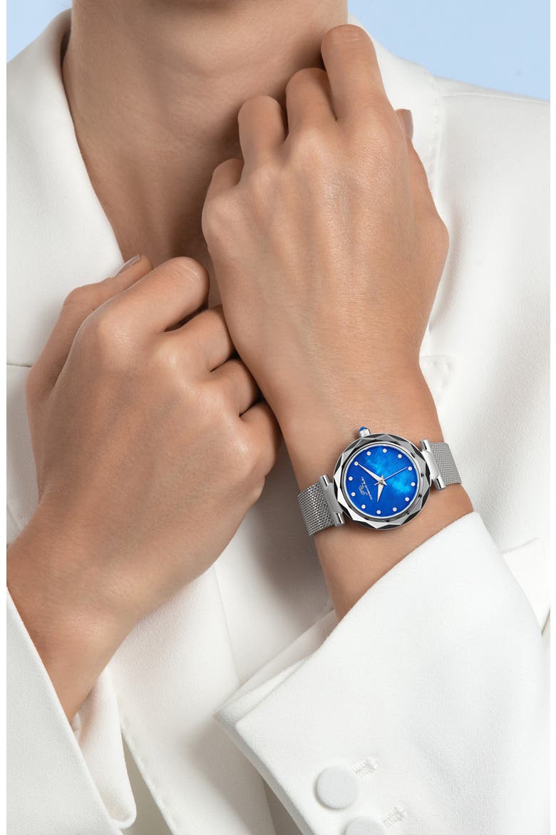 Hazel White Topaz Mother of Pearl Dial 3-Hand Quartz Mesh Strap Watch, 33mm, Alternate, color, SILVER