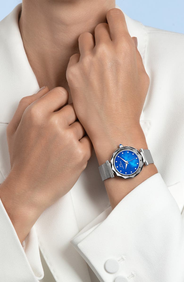 PORSAMO BLEU Hazel White Topaz Mother of Pearl Dial 3-Hand Quartz Mesh Strap Watch, 33mm, Alternate, color, Silver