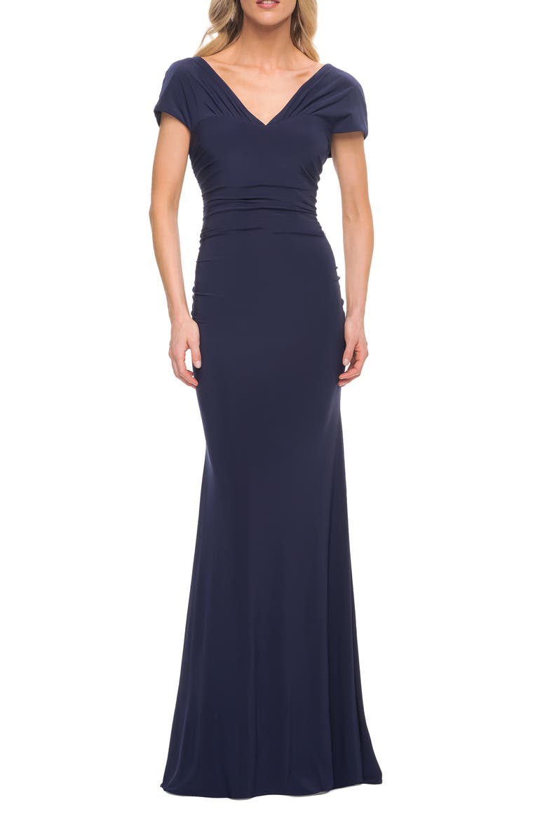 Versatile Jersey Long Evening Dress with Short Sleeve, Main, color, Navy