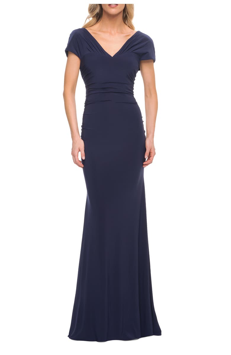 La Femme Versatile Jersey Long Evening Dress with Short Sleeve, Main, color, Navy