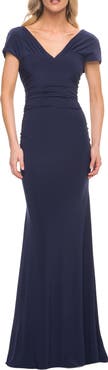 La Femme Versatile Jersey Long Evening Dress with Short Sleeve