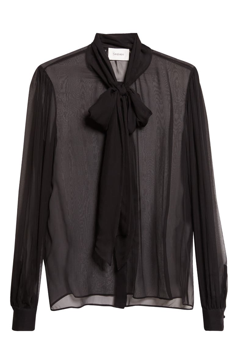 Saint Laurent Sheer Silk Chiffon Tie Neck Shirt, Main, color, Noir