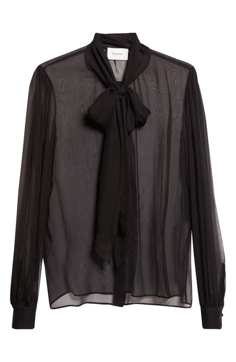 Sheer Silk Chiffon Tie Neck Shirt
