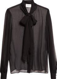 Saint Laurent Sheer Silk Chiffon Tie Neck Shirt