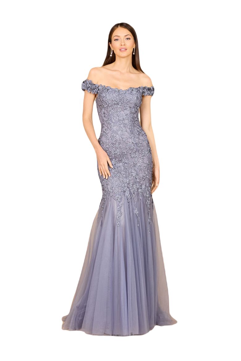 Beaded Faux-Wrap V-Neck Bridal Gown, Alternate, color, Grey Blue