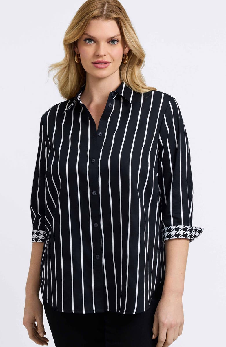 Foxcroft Margie Stripe Three-Quarter Sleeve Button-Up Shirt, Alternate, color, Black/ White