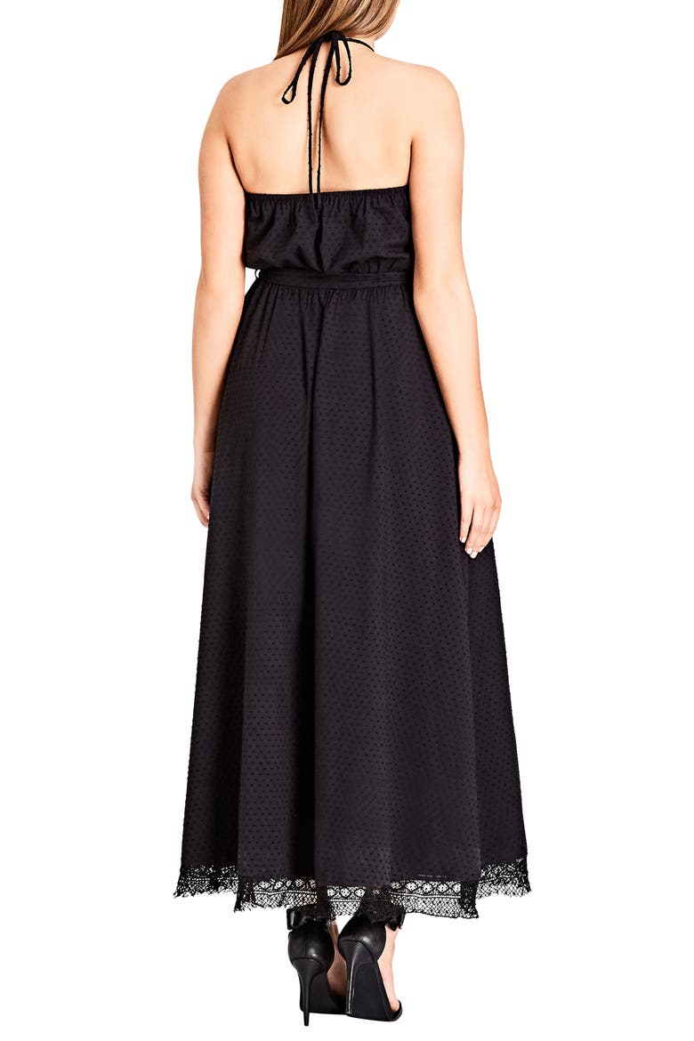 Lace Trim Swiss Dot Halter Maxi Dress, Alternate, color, BLACK