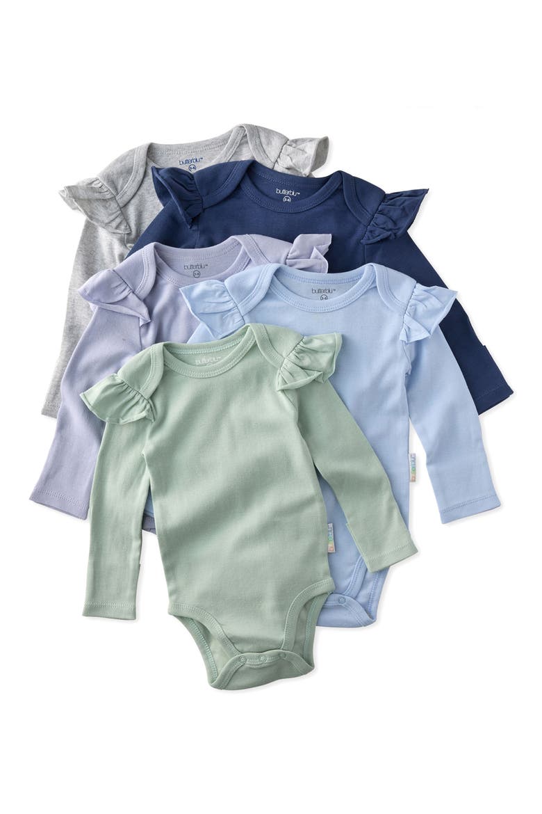 Ashley Ruffle Long Sleeve Organic Cotton Assorted 5-Pack Bodysuits, Main, color, FROST