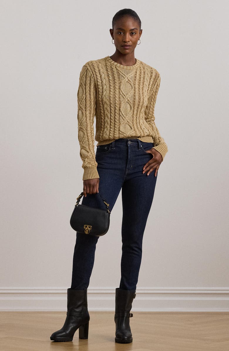 Lauren Ralph Lauren Metallic Cotton Blend Cable Stitch Crewneck Sweater, Alternate, color, 