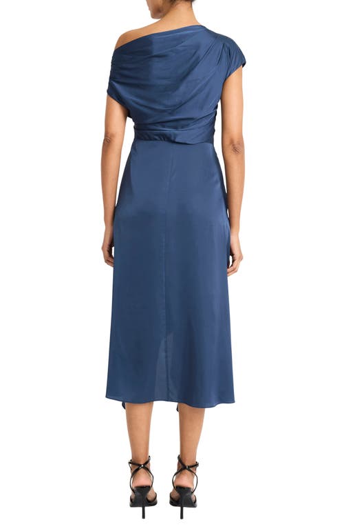 MAGGY LONDON MAGGY LONDON ASYMMETRIC NECK & HEM SATIN COCKTAIL MIDI DRESS