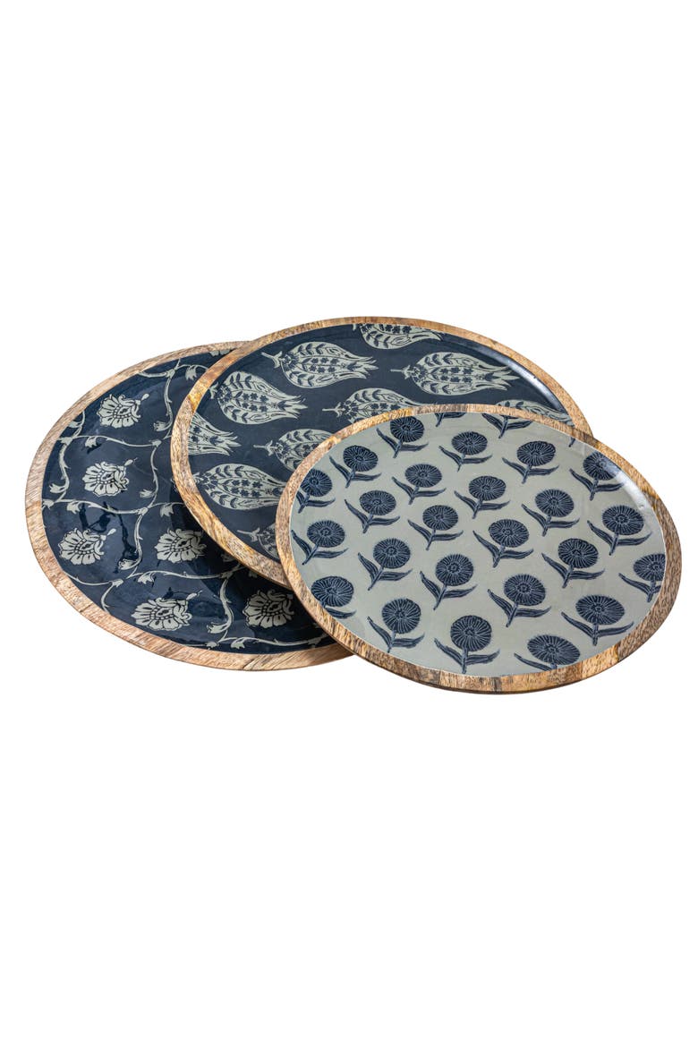 Enameled Mango Wood Trays with Floral Pattern, Blue, Set of 3, Main, color, Blue