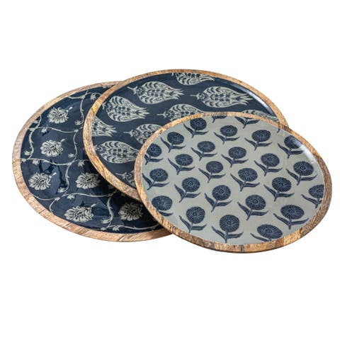Enameled Mango Wood Trays with Floral Pattern, Blue, Set of 3