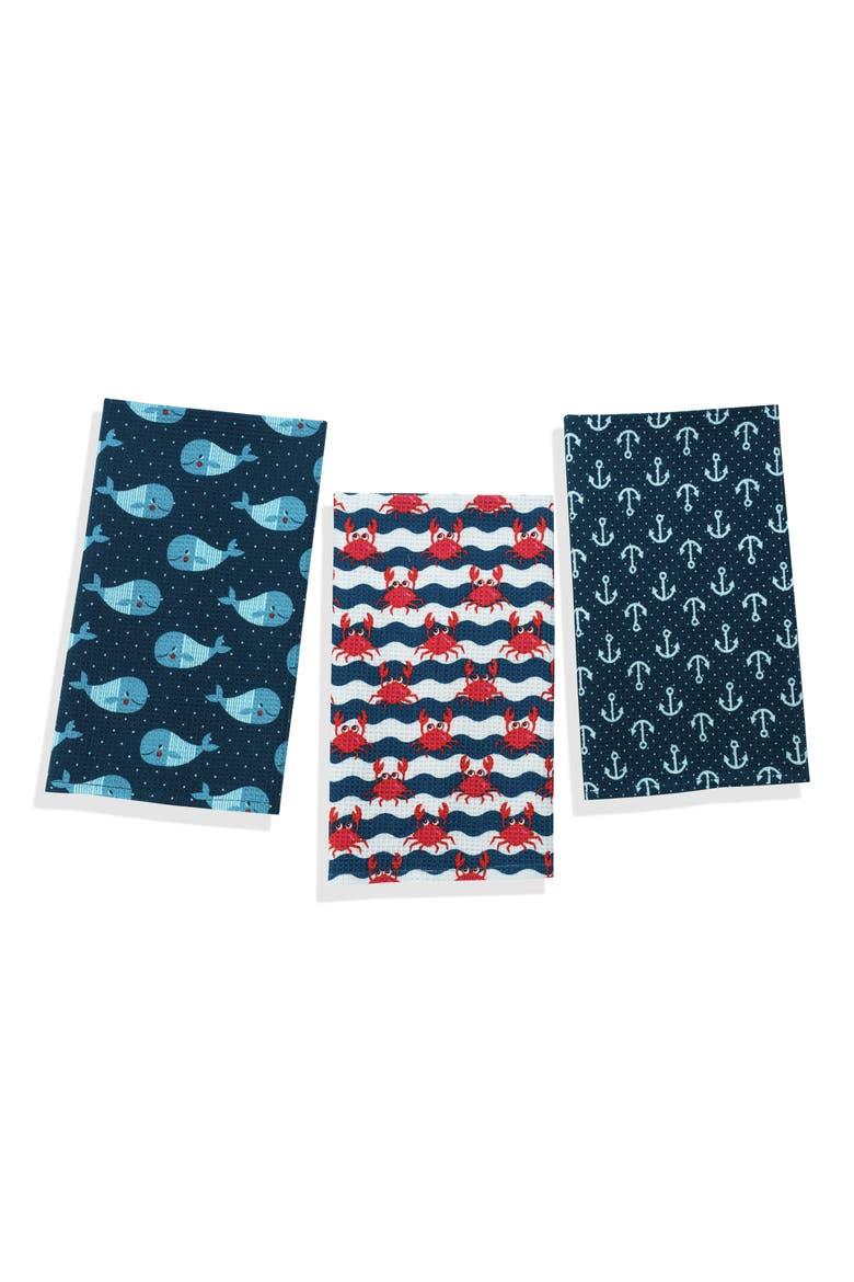 Set of Three Coastal Charm Nautical Kitchen Towels, Main, color, NAVY/ CRIMSON/ WHITE