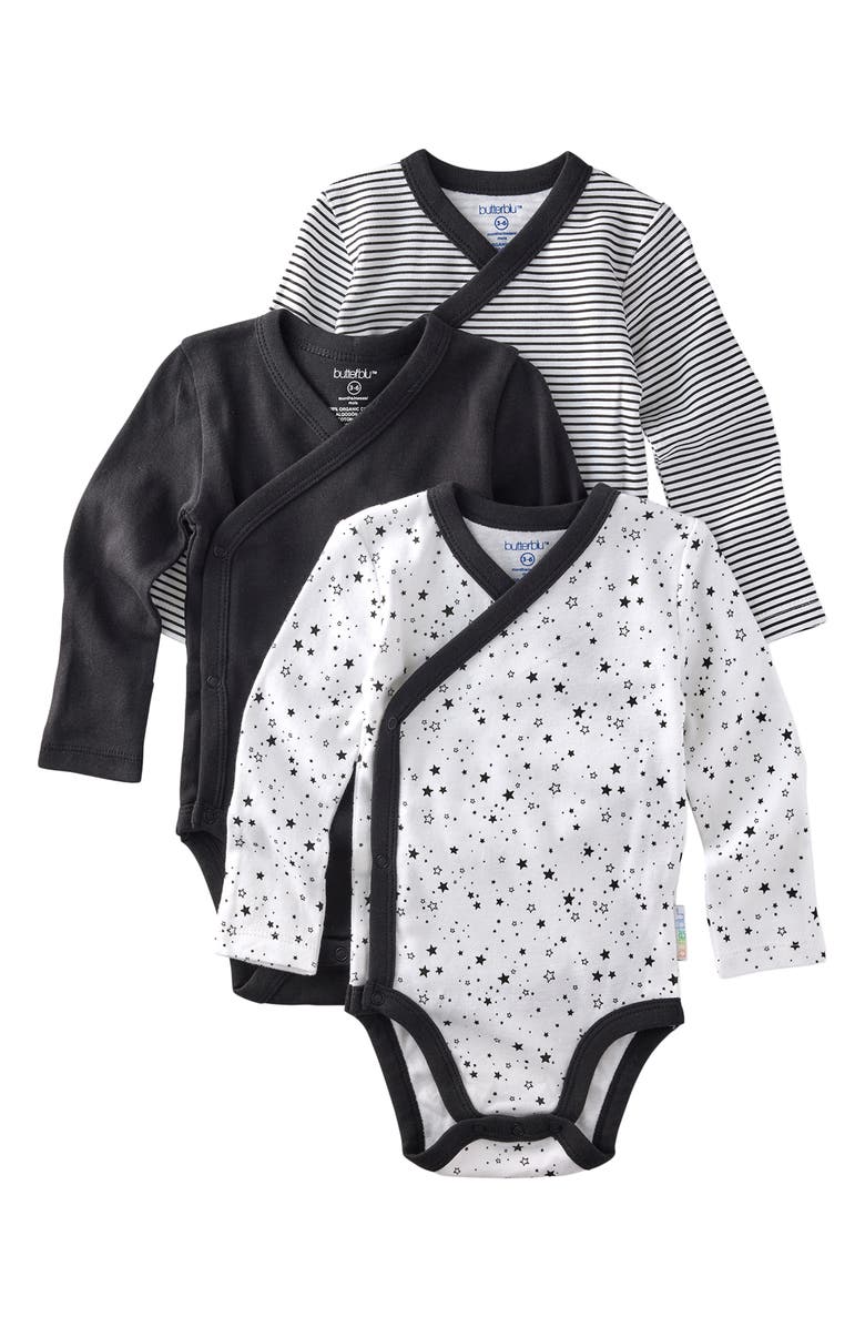 BUTTERBLU Sterling Side Snap Organic Cotton Assorted 3-Pack Bodysuits, Main, color, Black Twinkle