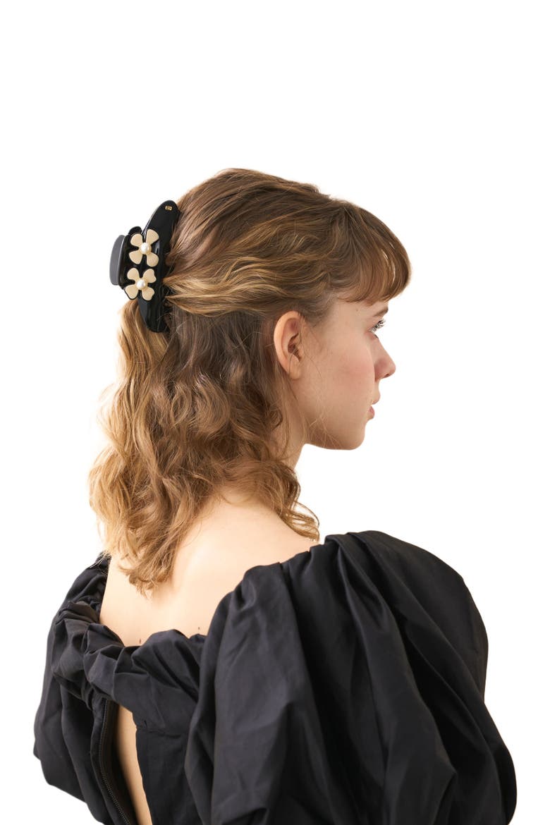 Gambetta Pearl Camelia Hair Clip, Alternate, color, Black and beige