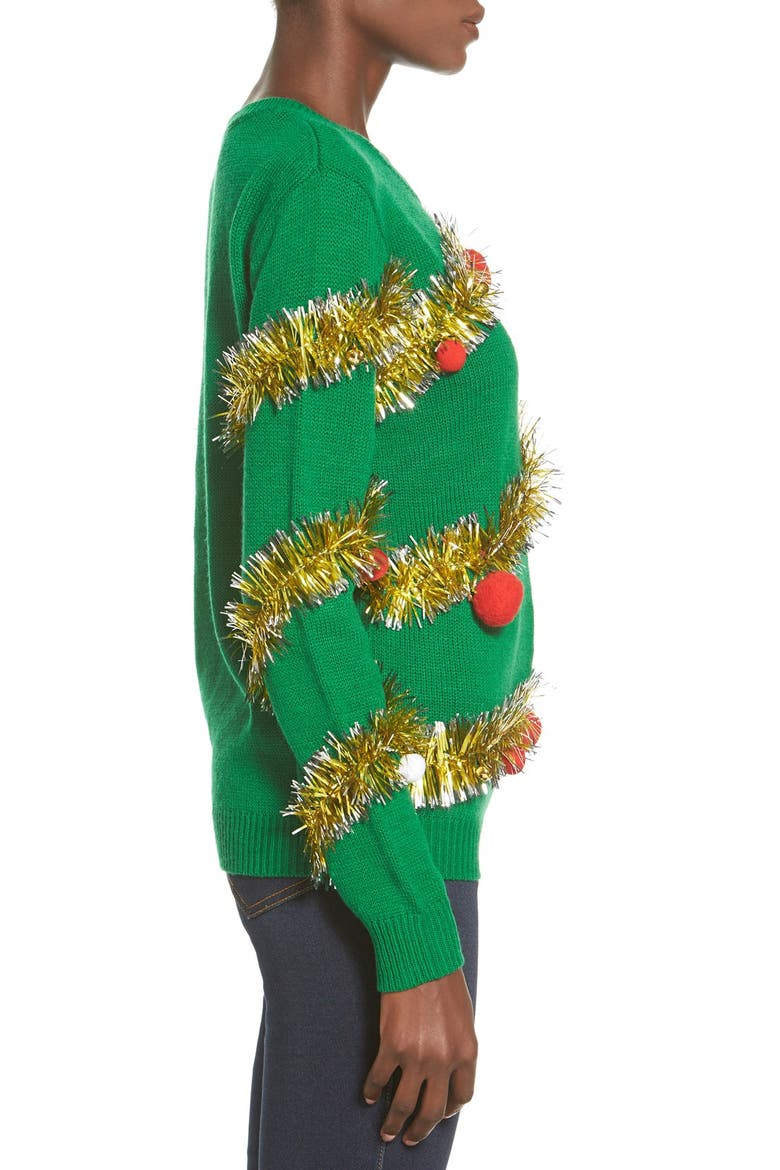 Tinsel Ball Christmas Sweater, Alternate, color, GREEN