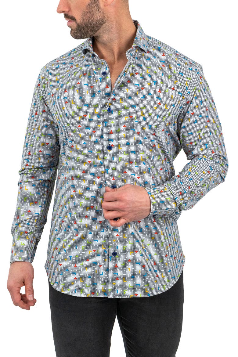 Einstein Stretch Tetris Button-Up Shirt, Alternate, color, WHITE