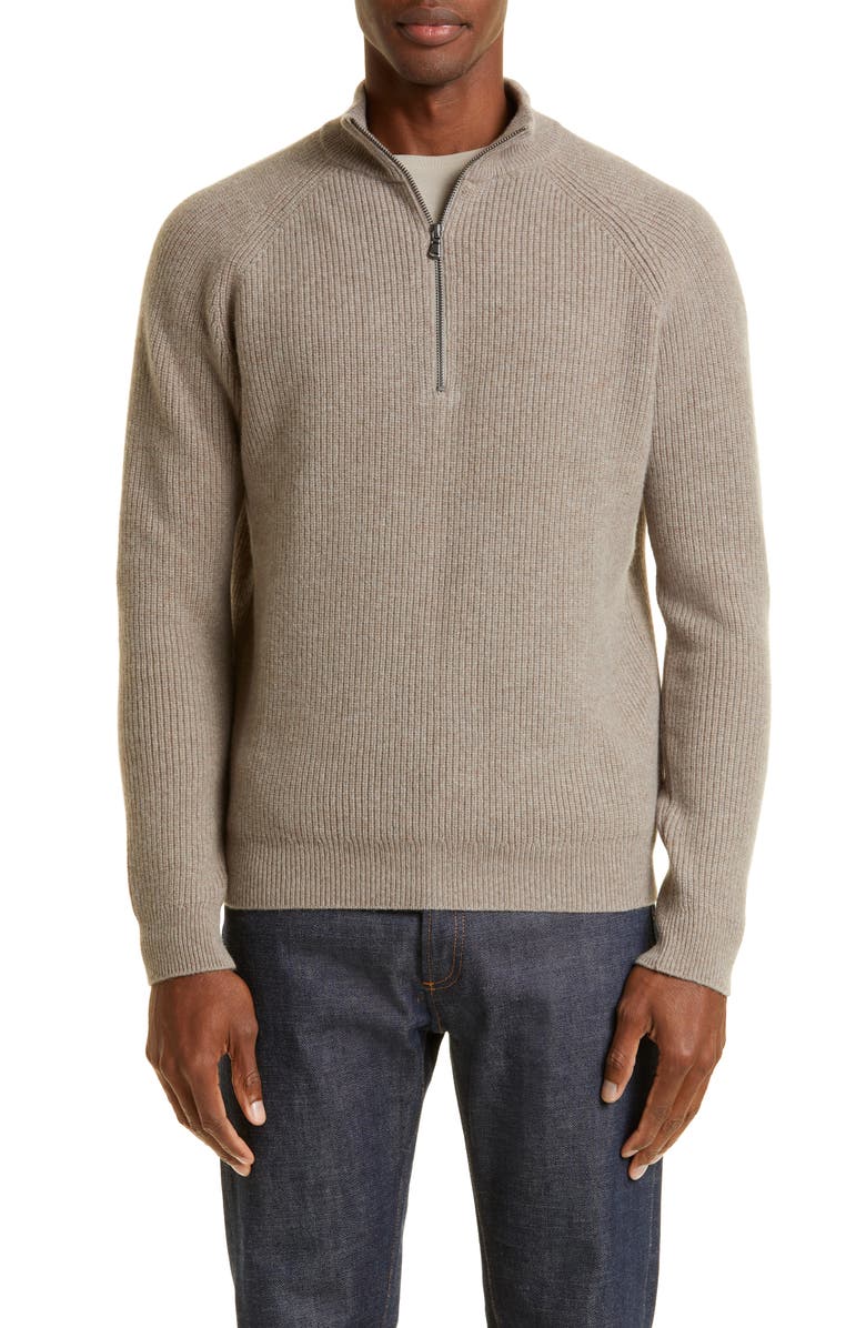 Sunspel Half Zip Lambswool & Cashmere Rib Sweater, Main, color, 