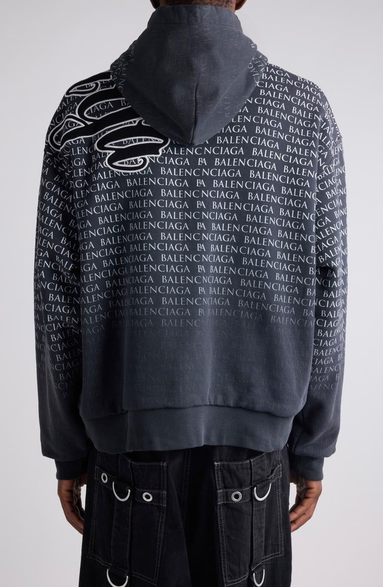 Balenciaga Big B Logo Embroidered Full Zip Dry Fleece Hoodie, Alternate, color, 6552 Washed Black 2/ White