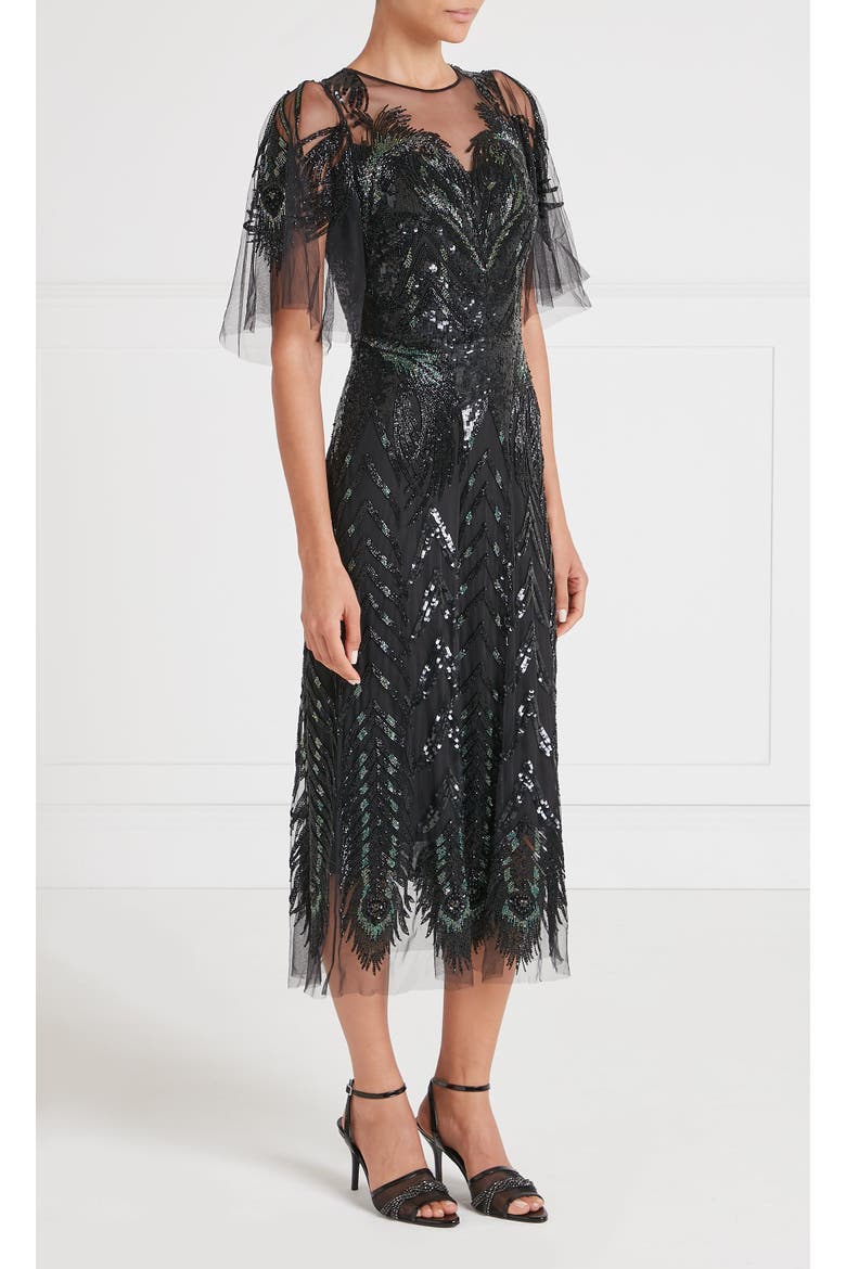 Peacock Midi Dress, Alternate, color, Black