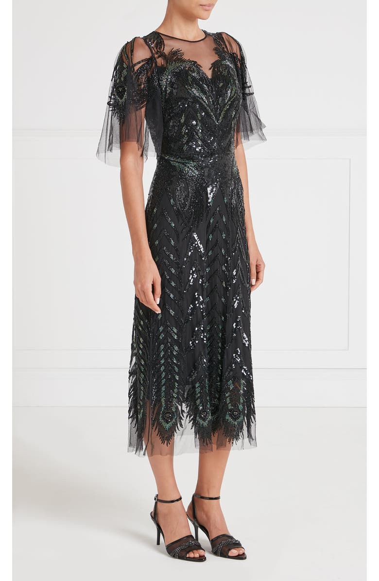 Temperley London Peacock Midi Dress, Alternate, color, Black