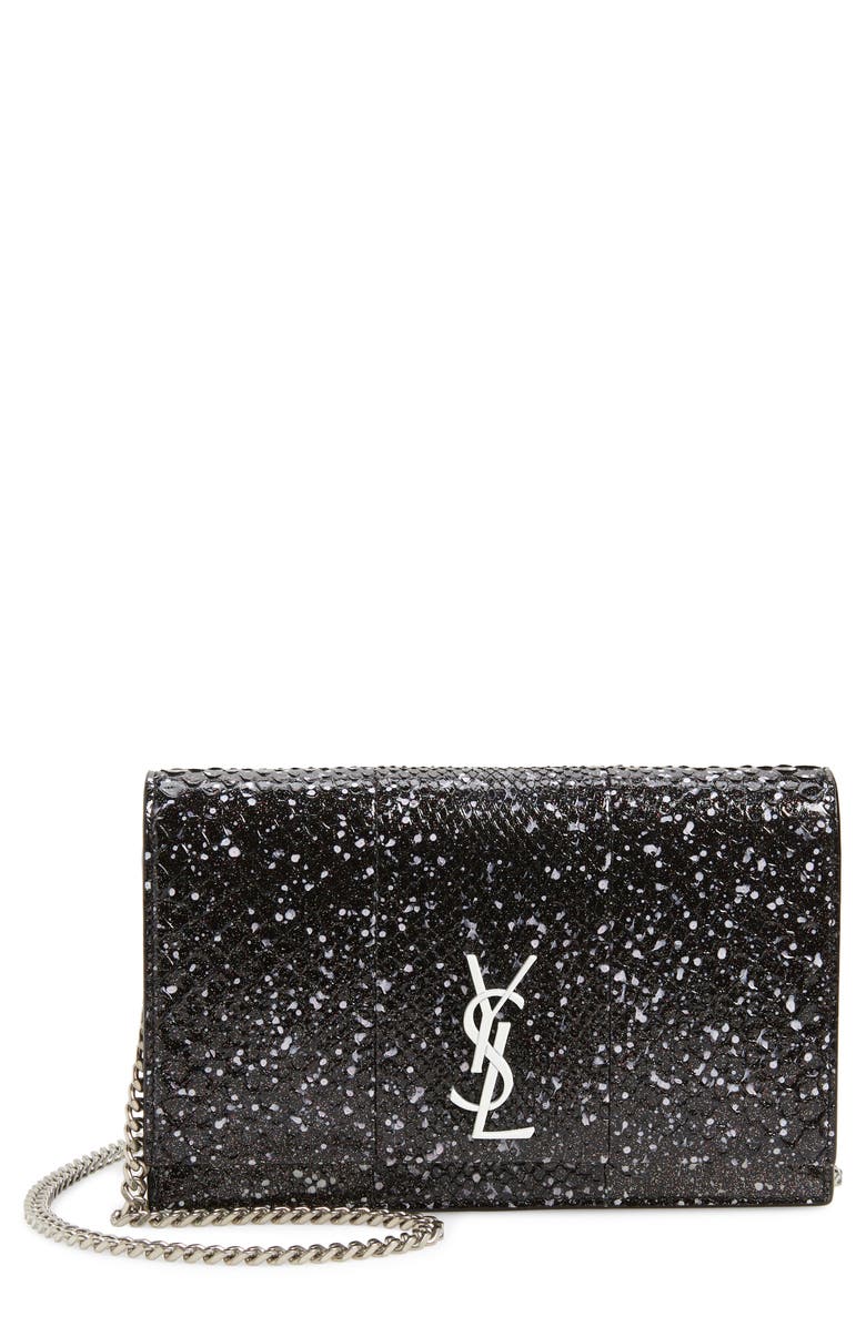 Saint Laurent Kate Sparkle Genuine Python Wallet on a Chain, Main, color,