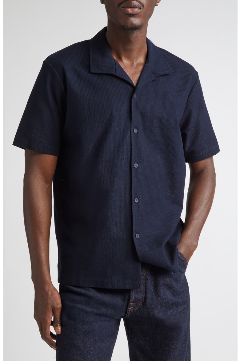 Short Sleeve Textured Jersey Button-Up Shirt, Main, color, MIDNIGHT NAVY
