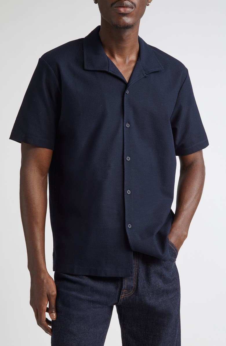 Sunspel Short Sleeve Textured Jersey Button-Up Shirt, Main, color, Midnight Navy