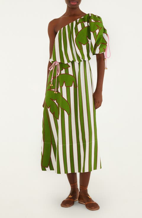 Embroidered One-Shoulder Linen Blend Midi Dress