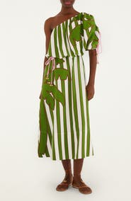 FARM Rio Embroidered One-Shoulder Linen Blend Midi Dress