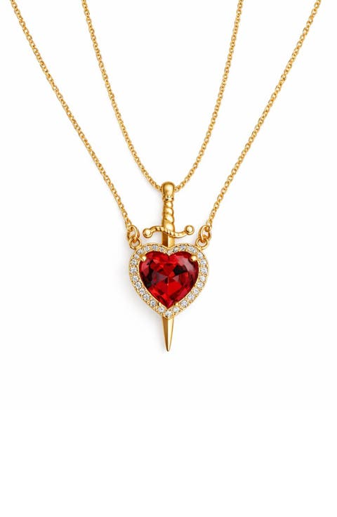 Set of 2 Heart & Dagger Crystal Pendant Necklaces