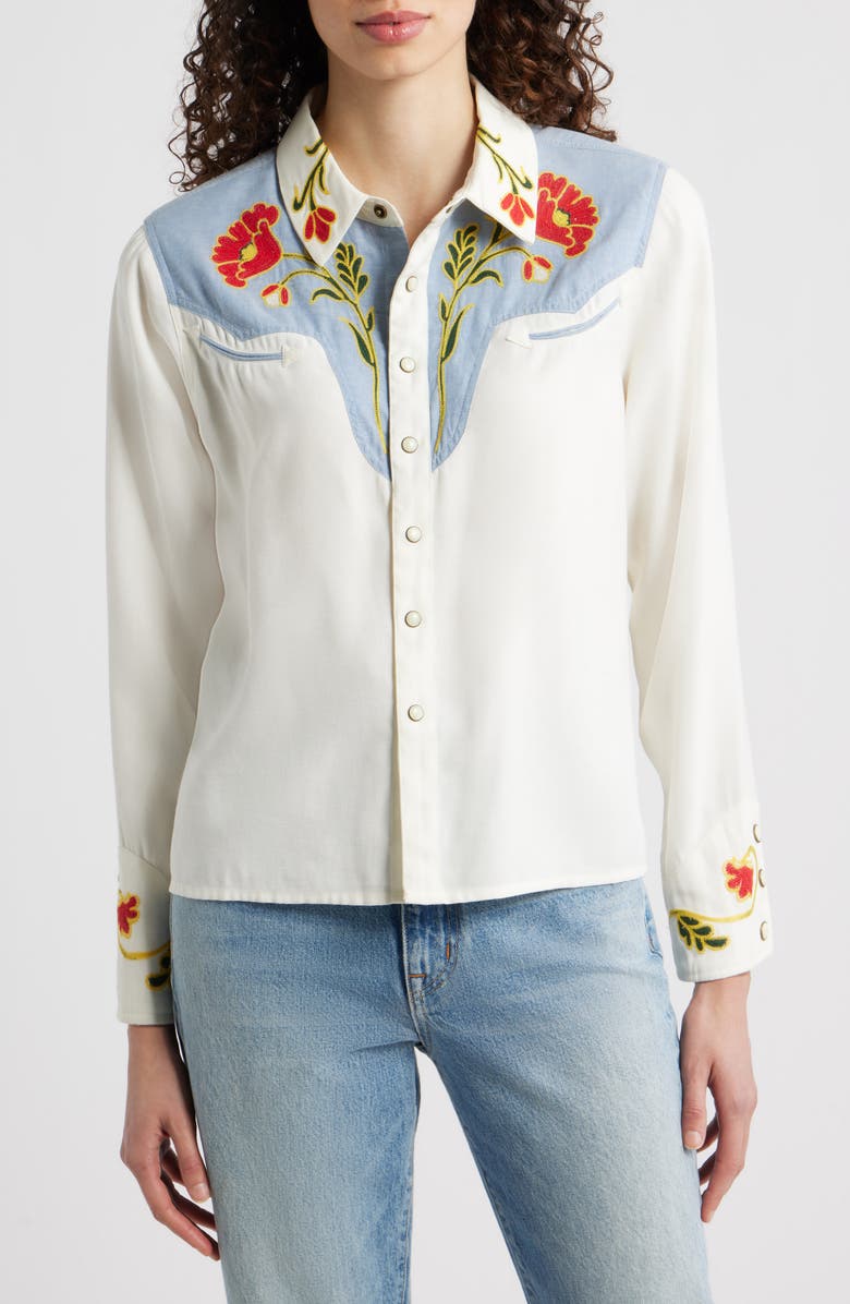 THE GREAT. & Stetson The Embroidered Western Shirt, Alternate, color, Cream W Chambray Mix