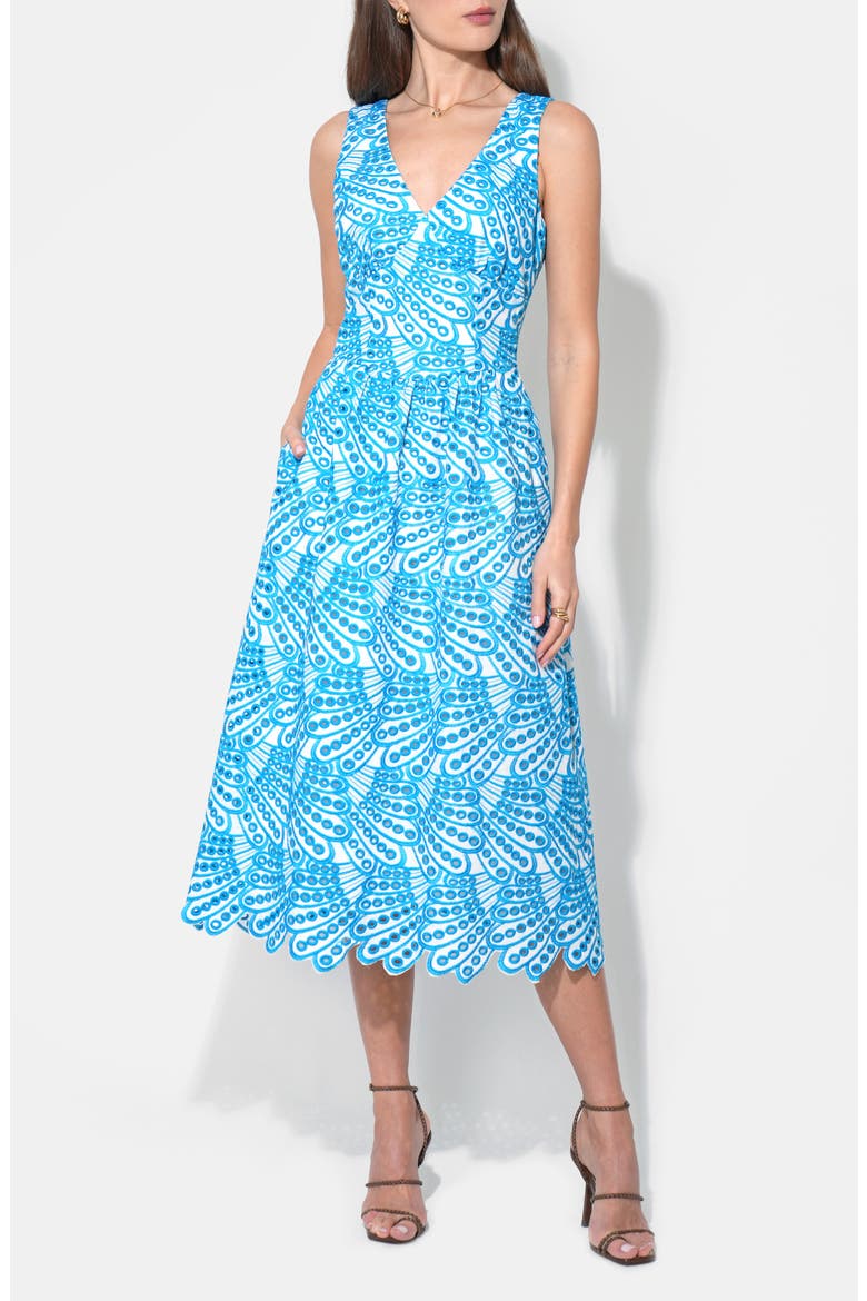 Joanna Basque Waist Midi Dress, Alternate, color, WHITE/ BLUE