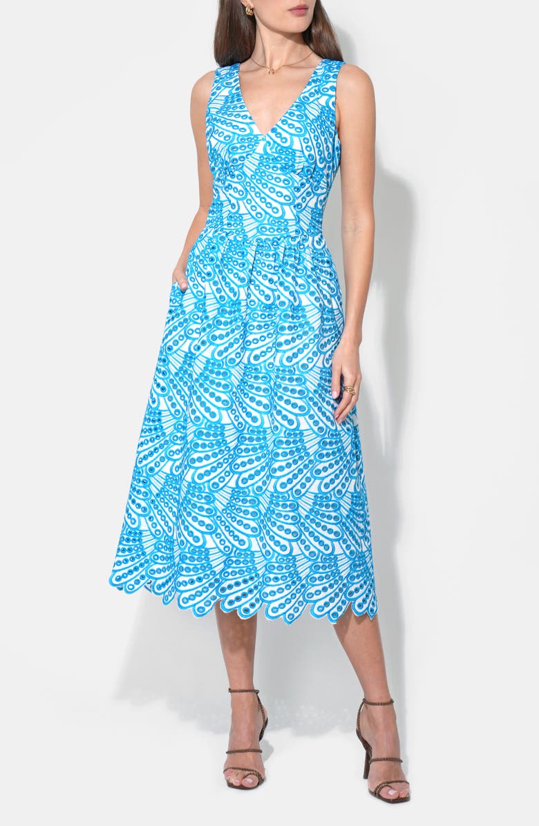 Adelyn Rae Joanna Basque Waist Midi Dress, Alternate, color, White/ Blue