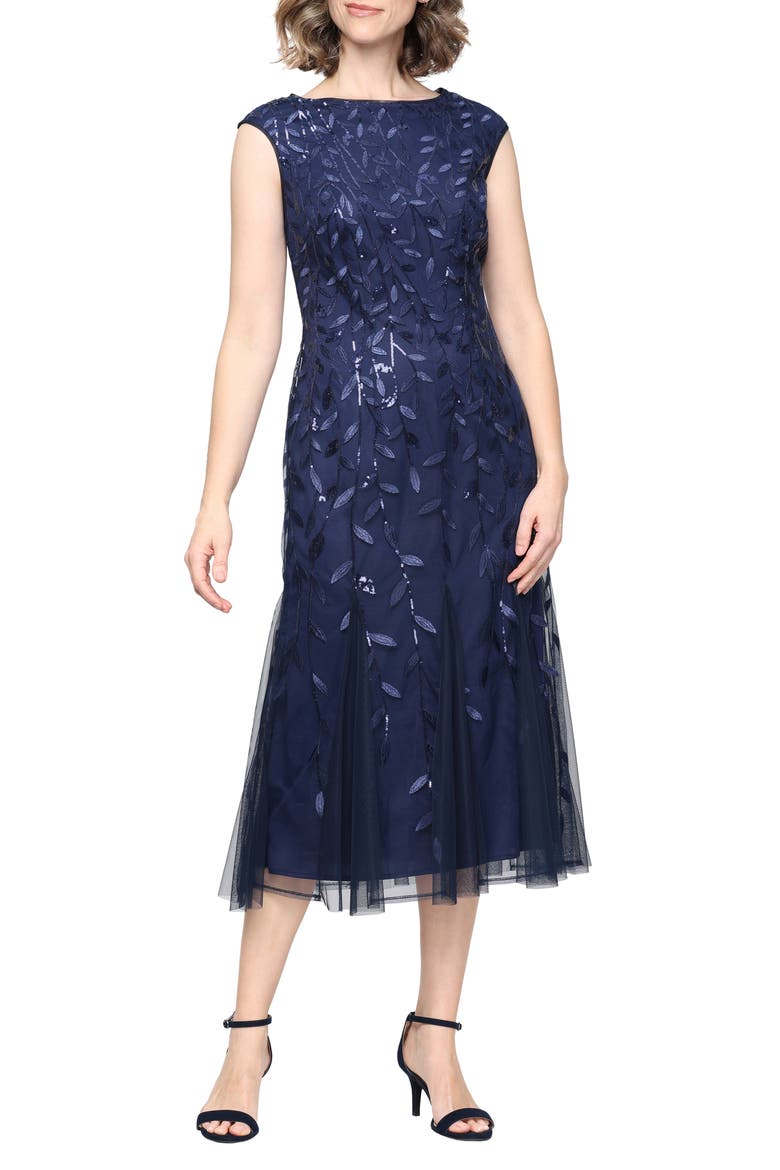 Sequin Leaf Embroidery Cocktail Midi Dress, Main, color, NAVY