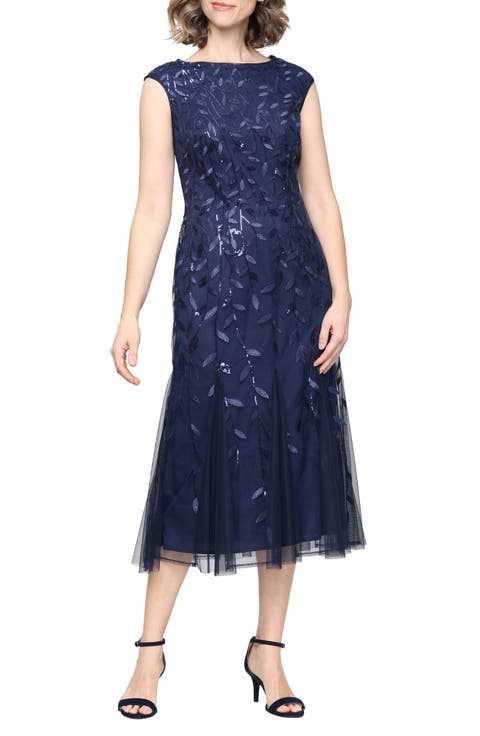 Sequin Leaf Embroidery Cocktail Midi Dress