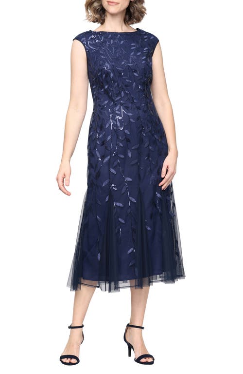 Alex Evenings Sequin Leaf Embroidery Cocktail Midi Dress In Multi