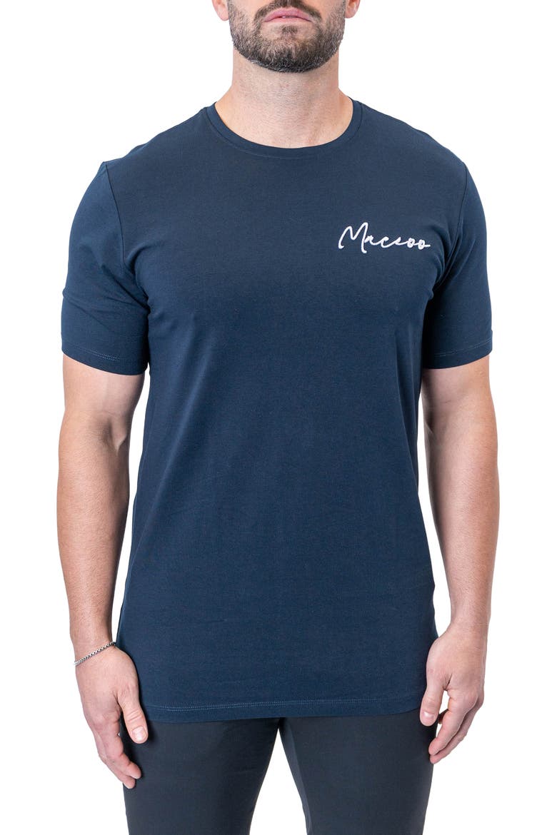 Siganture Nayblue Logo Embroidered Stretch Cotton T-Shirt, Main, color, BLUE