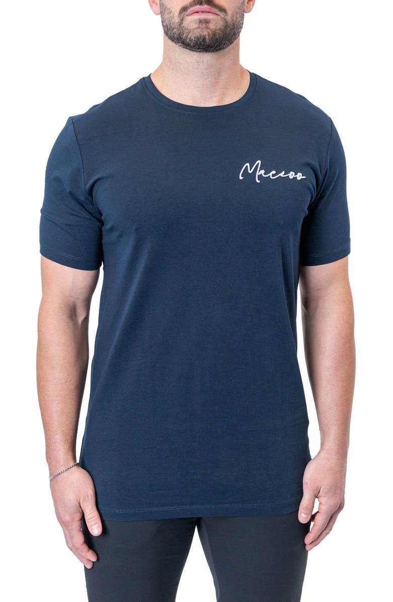 Maceoo Siganture Nayblue Logo Embroidered Stretch Cotton T-Shirt, Main, color, Blue