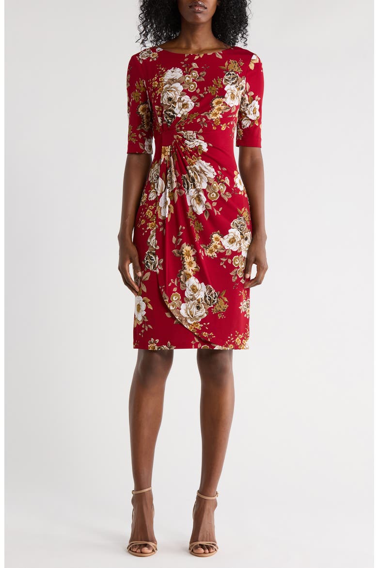 Floral 3/4 Sleeve Faux Wrap Dress, Main, color, CRIMSON