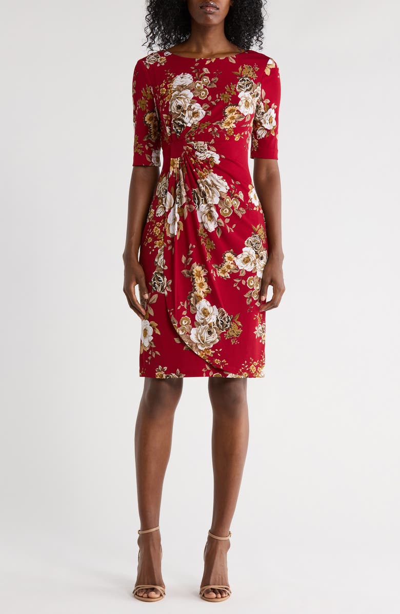 Connected Apparel Floral 3/4 Sleeve Faux Wrap Dress, Main, color, Crimson