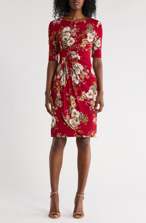 Floral 3/4 Sleeve Faux Wrap Dress