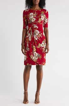 Connected Apparel Floral 3/4 Sleeve Faux Wrap Dress