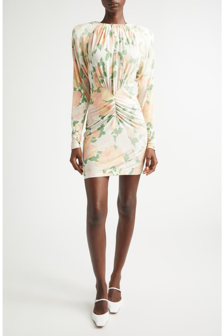 Peony Print Long Sleeve Minidress, Main, color, IVORY/ PINK/ GREEN