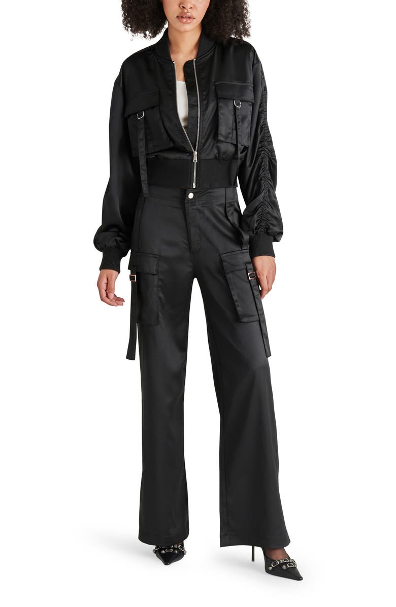 Steve Madden Ace Wide Leg Satin Cargo Pants, Alternate, color, Black