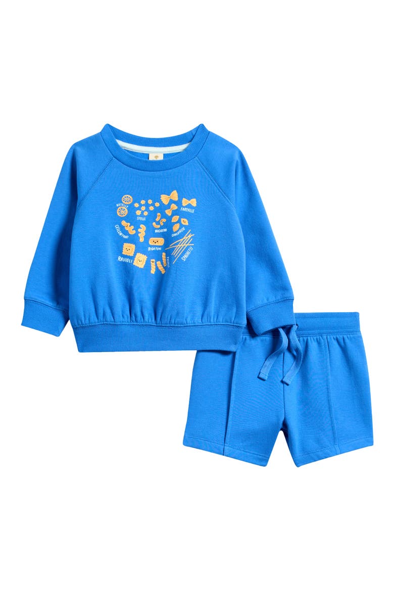 Graphic Sweatshirt & Pintuck Shorts, Main, color, BLUE PALACE ENDLESS PASTA