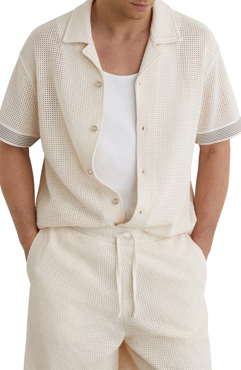 Reiss Aliso Open Knit Camp Shirt, Main, color, Off White