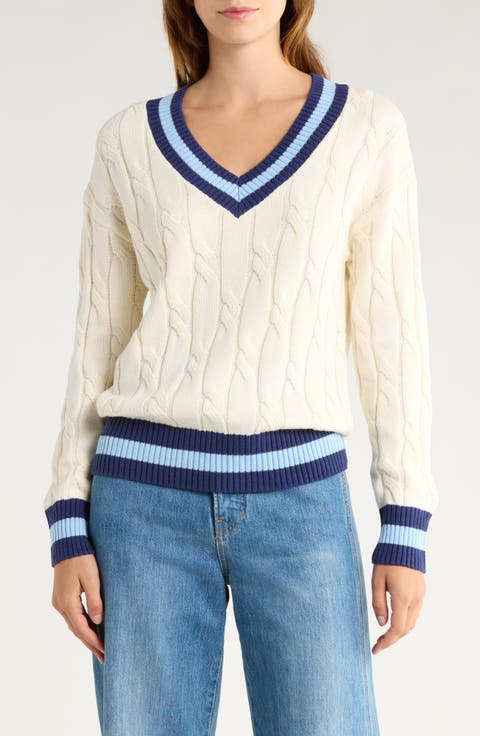 Tipped V-Neck Cable Stitch Sweater