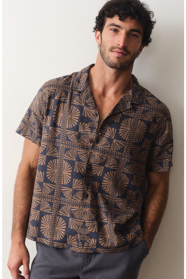 Pablo Geo Print Linen Blend Resort Shirt, Alternate, color, BROWN/ NAVY GEO FAN PRINT
